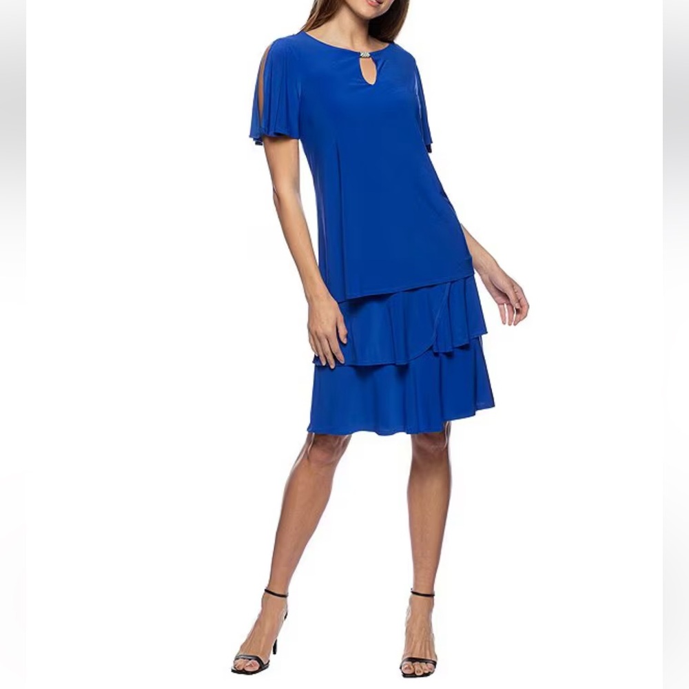 Marina Short Split Sleeve Keyhole Neck Ruffle Tiered Dress Blue  Med New W/Tags